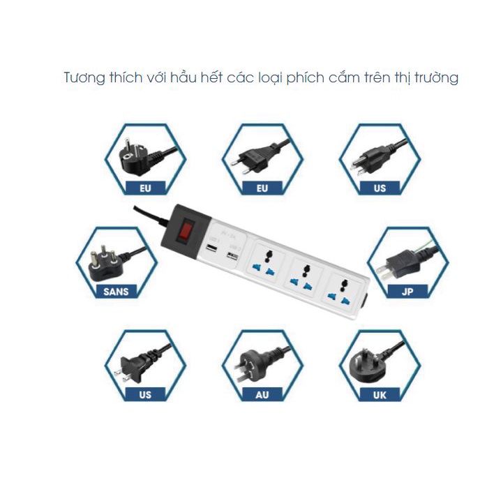 Ổ cắm điện kéo dài đa năng Rạng Đông 3 ổ điện, 2 cổng USB, dây 3-5 mét chịu tải đến 2500W