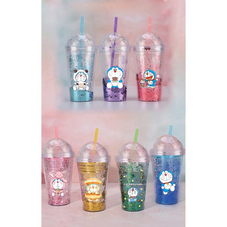 Cốc 2 lớp kim tuyến doremon CNKI20 cốc giữ nhiệt ly 2 lớp cốc làm lạnh dễ thương 500ml