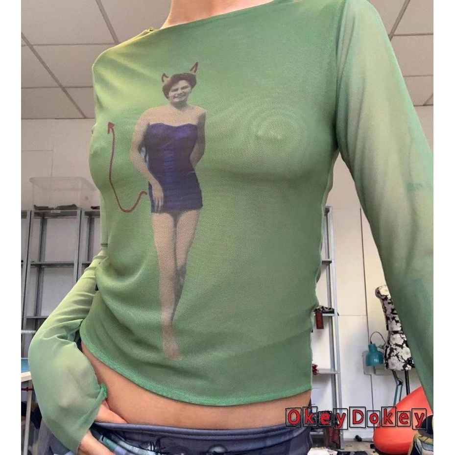 Áo Kiểu Tay Dài Phối Lưới Xuyên Thấu In Họa Tiết Người Phong Cách Vintage Gợi Cảm Y2K Cho Nữ