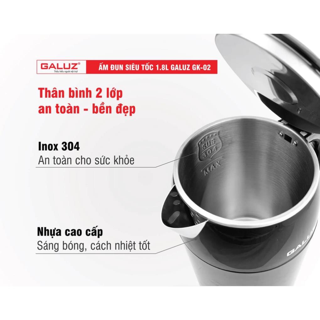 Ấm đun nước siêu tốc Galuz GK-02, dung tích 1.8L, công suất 1500w, thân ấm bằng inox 304 cách nhiệt BH 12 tháng -NM