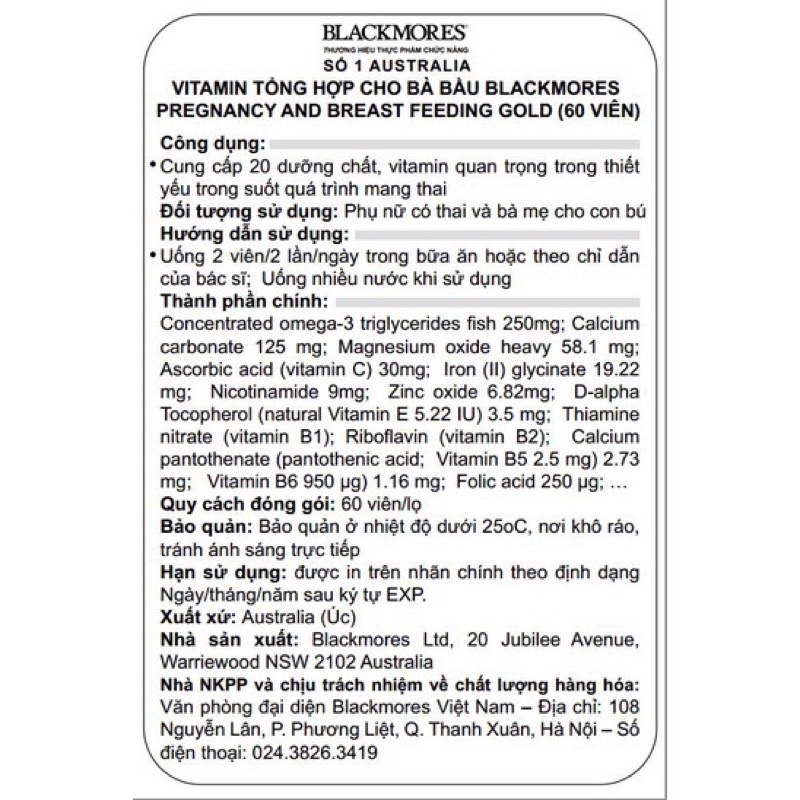 Vitamin tổng hợp Blackmores Pregnacy and Breastfeeding Gold 180 viên
