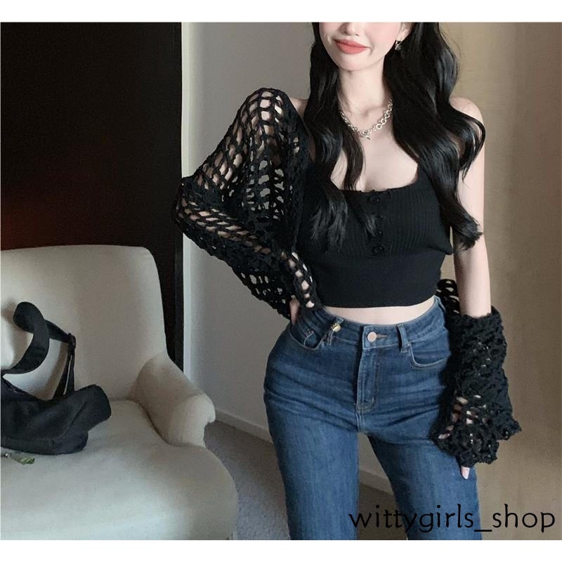 Wittygirls_ Shop | Áo Khoác Cardigan Dệt Kim Tay Dài Dáng Rộng Phối Lưới Thời Trang Mùa Thu