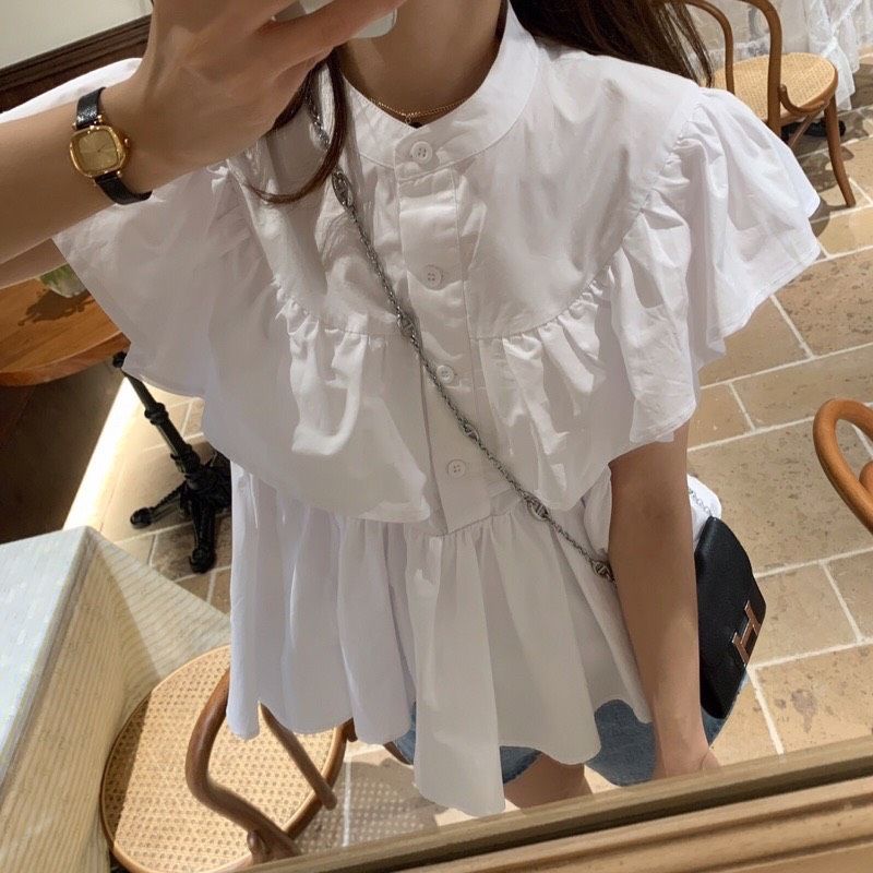 Áo Sơ Bèo Vai Sát Nách Màu Trắng Phong Cách Hàn Quốc
