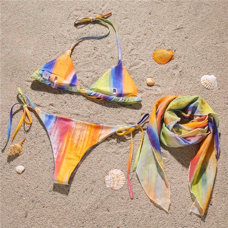 [BIKINI QUẢNG CHÂU CAO CẤP] Bikini Đồ bơi 2 mảnh chip tam giác hoạ tiết cầu vòng đủ màu đính đá (kèm khăn choàng)