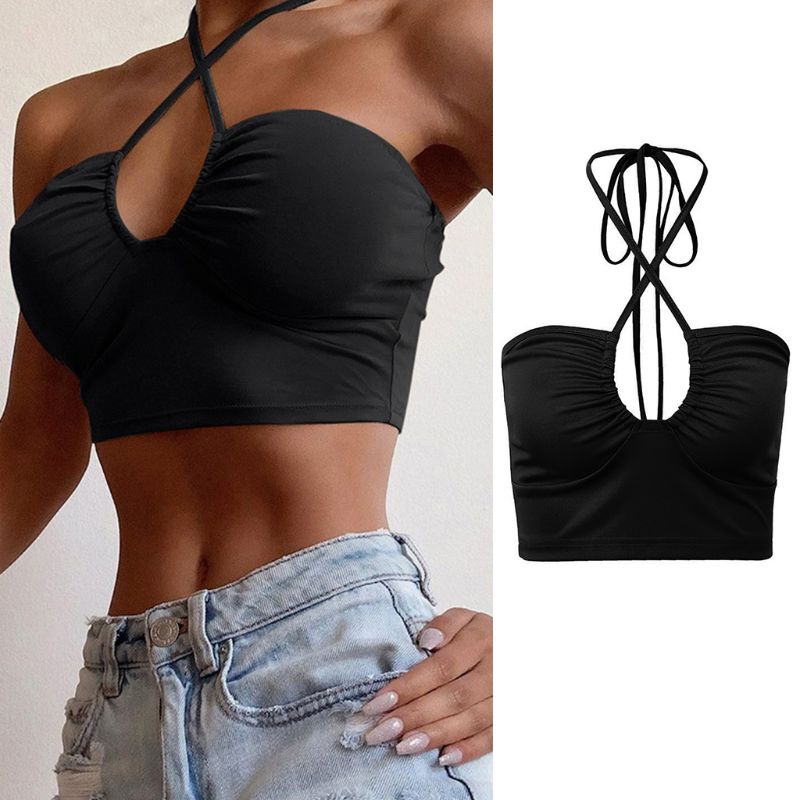 Xiangbao Áo Ống Không Tay Hở Vai Màu Trơn Có Dây Buộc Dành Cho Nữ