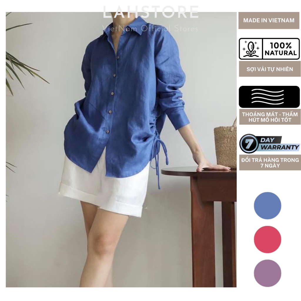 Áo Sơ Mi Nữ Tay Dài Form Rộng Dây Rút Eo Linen LAHSTORE (Xanh)