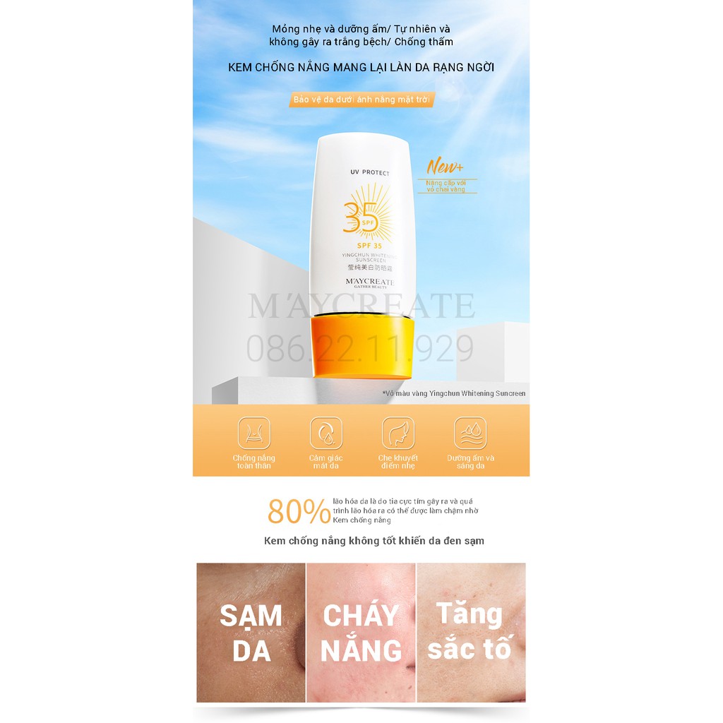 Kem chống nắng sáng da Maycreate Sunscreen SPF 35+ Nội Địa Trung