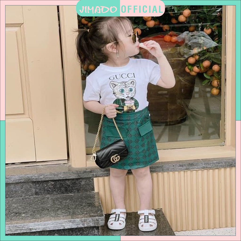 Đồ bộ bé gái bộ đồ áo thun trắng hổ GU mix chân váy xanh chất mềm mịn co giãn tốt JIMADO E1.063.10