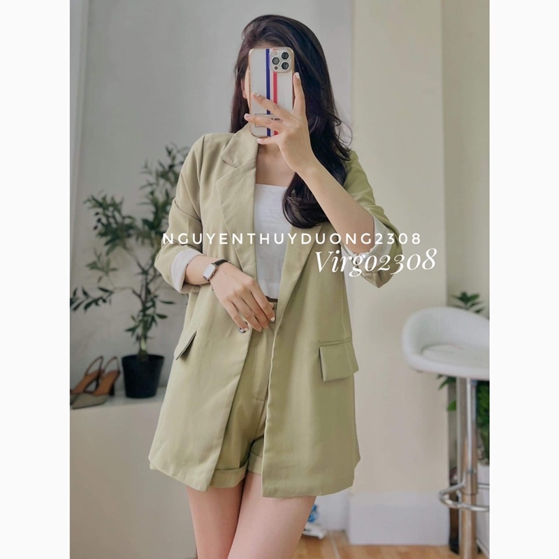 Áo blazer 2 lớp nắp túi 1 cúc màu xanh bơ hottrend