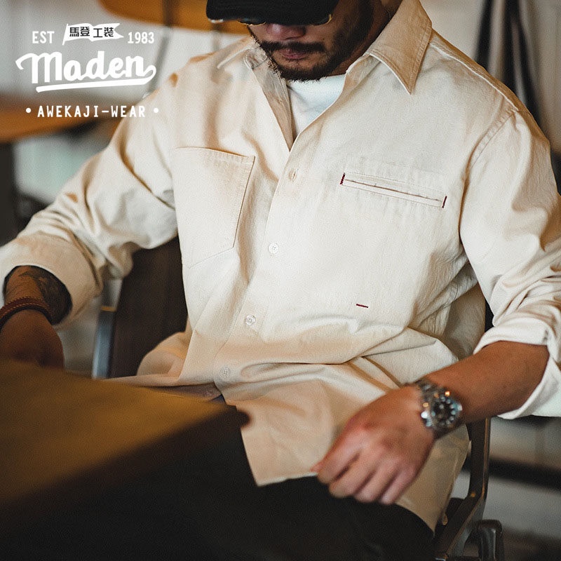 Áo sơ mi công sở Maden vải cotton tay dài cổ bẻ phong cách retro Mỹ cho nam