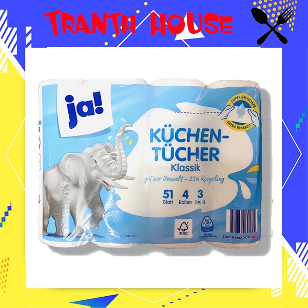Giấy lau đa năng Kuchen 1 bịch có 3 lớp 4 cuộn siêu dai, siêu dày, làm từ bột tự nhiên, không hoá chất tẩy trắng