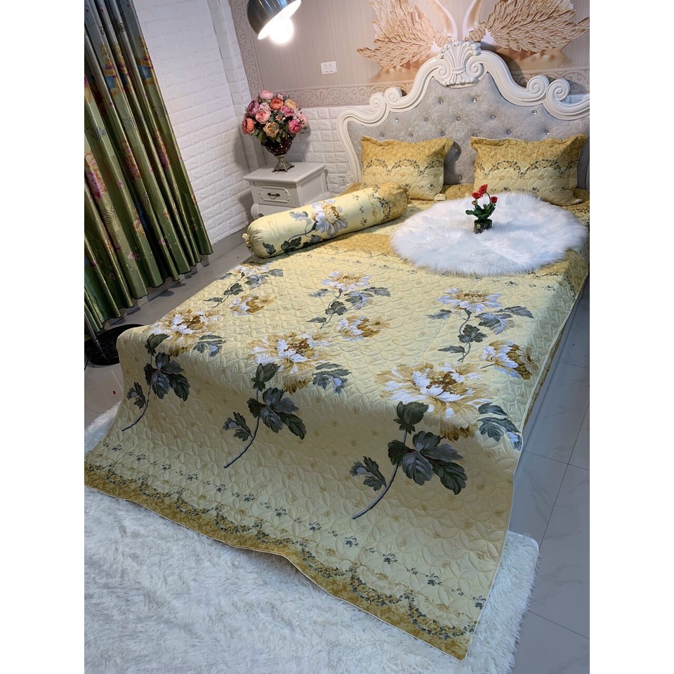 (Giá sỉ) Bộ 5 món Vỏ chăn Ga Gối Trần Bông Dày Dặn, Xẻ Góc mẫu Họa mi xanh chất liệu poly cotton Được chọn mẫu thoải mái