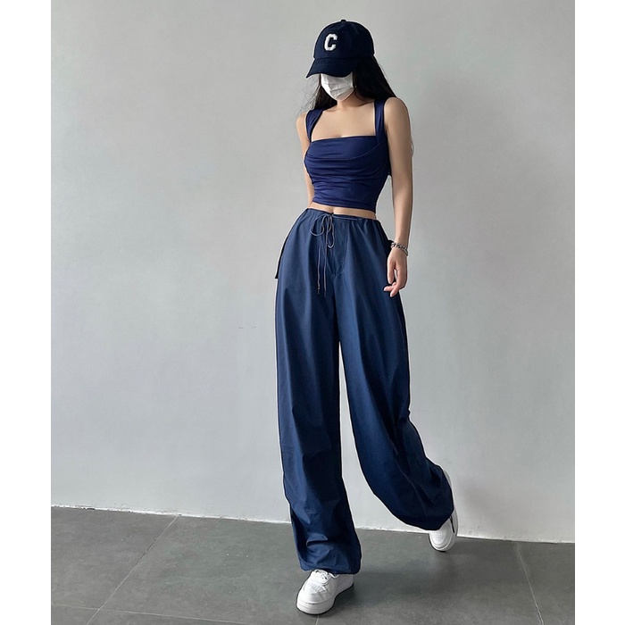 Quần Thể Thao Ống Rộng Màu Xanh navy Phong Cách hip hop 90s