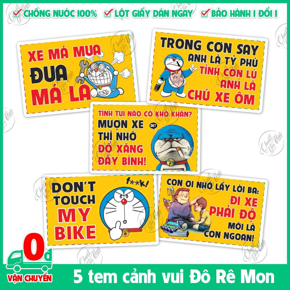 Combo 5 miếng dán cảnh báo vui dán xe máy hình Đô Rê Mon Mượn Xe Nhớ Đổ Xăng, Xe Má Mua Đua Má La