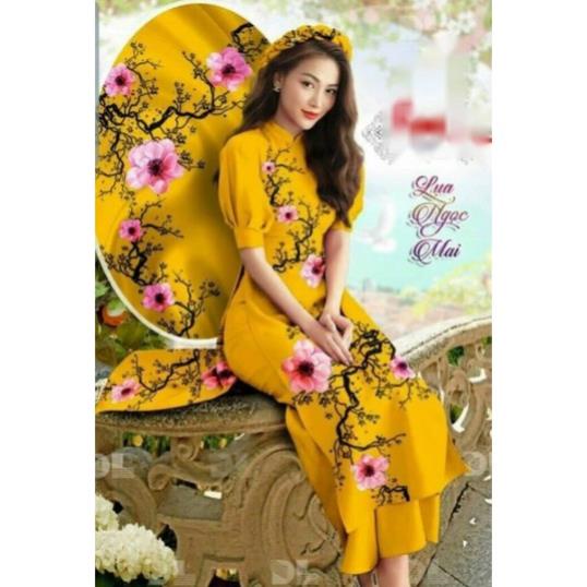 Thiết kế - Set bộ áo dài cách tân lụa tuyết in hoa đào lớn, sét áo dài truyền thống tay búp