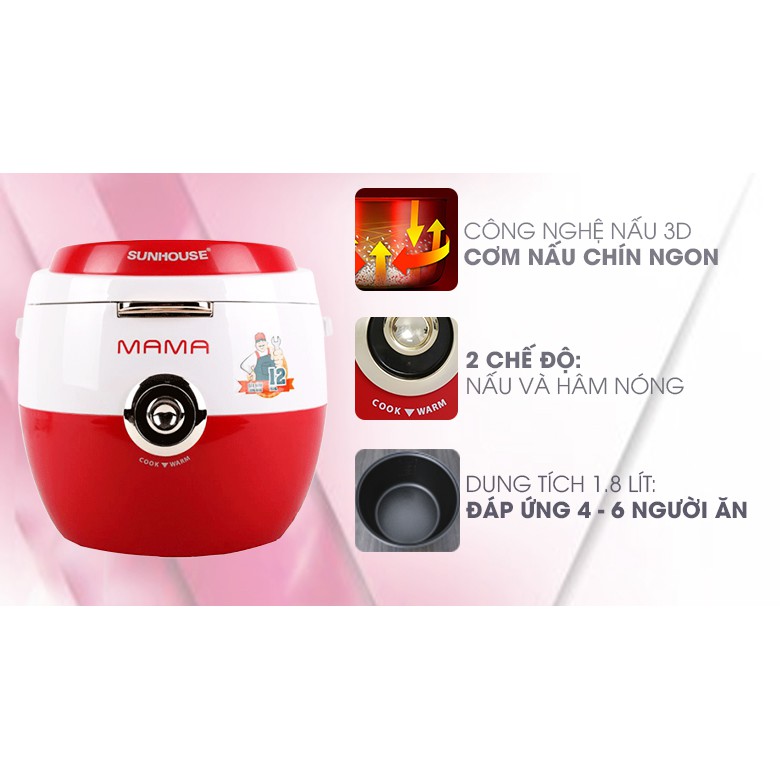 Nồi cơm điện SUNHOUSE MAMA SHD8661RW (1.8 Lít - Màu Đỏ Trắng) - Hàng chính hãng