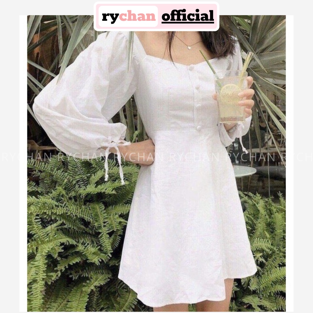 DX014 - Đầm Xòe Trắng Tay Phồng Cổ Vuông Đầm Đi Biển Dã Ngoại Công Sở