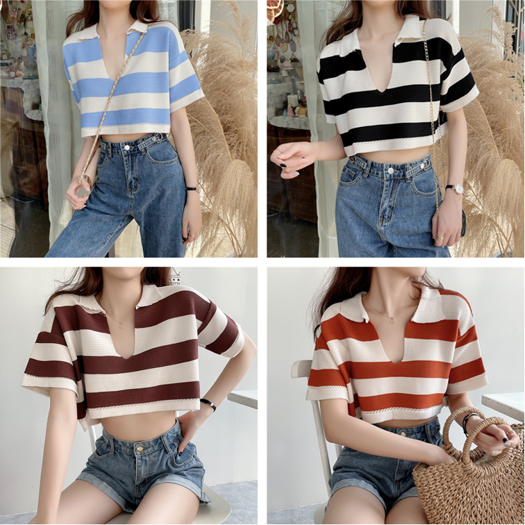 Áo Croptop Dệt Kim Tay Ngắn Cổ Chữ V Hoạ Tiết Kẻ Sọc Cho Phái Nữ