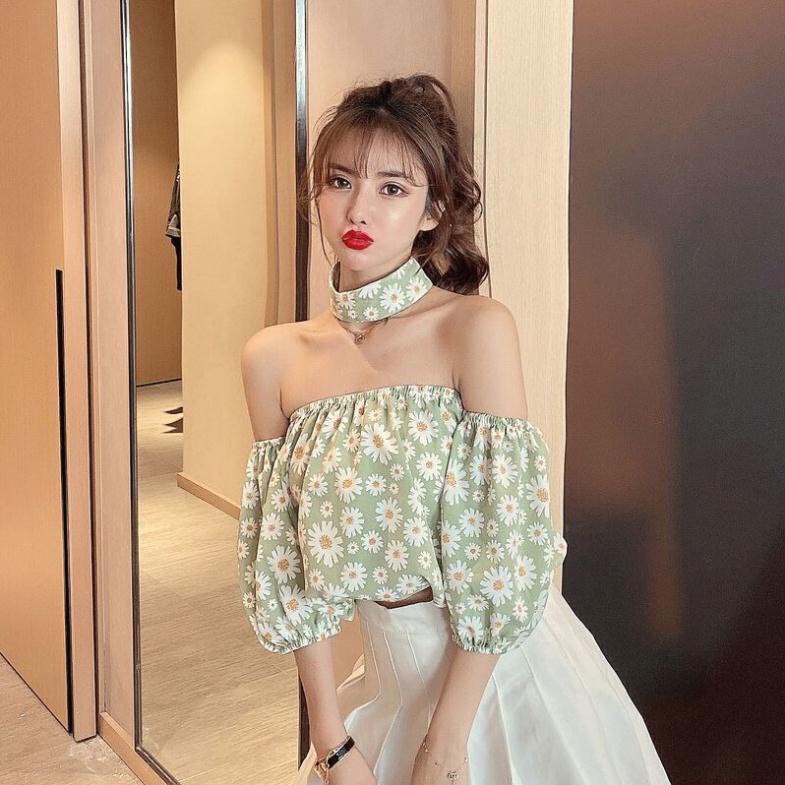 Sét 2 món áo bẹt vai 🌸 chân váy hoa cúc xinh xắn 🌸Trễ vai hoa cúc