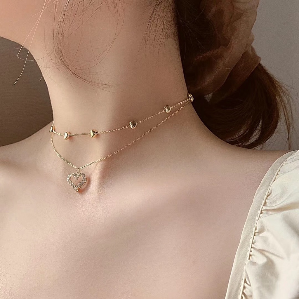 Dây chuyền hai lớp mặt hình trái tim đính đá kim cương nhân tạo phong cách Hàn Quốc
