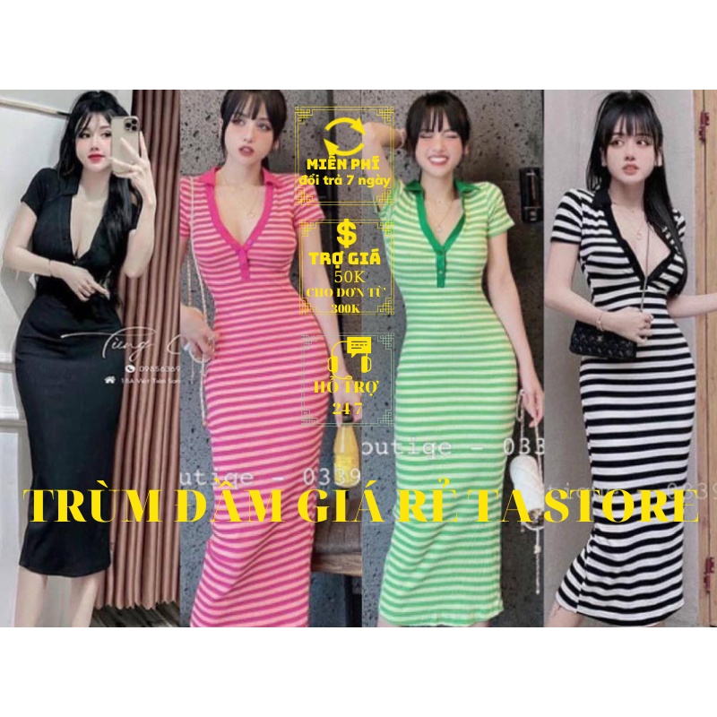 Đầm ôm body thiết kế thun gân co giãn thoải mái Đầm cổ trụ phom dài qua gối freesize từ 40-60kg