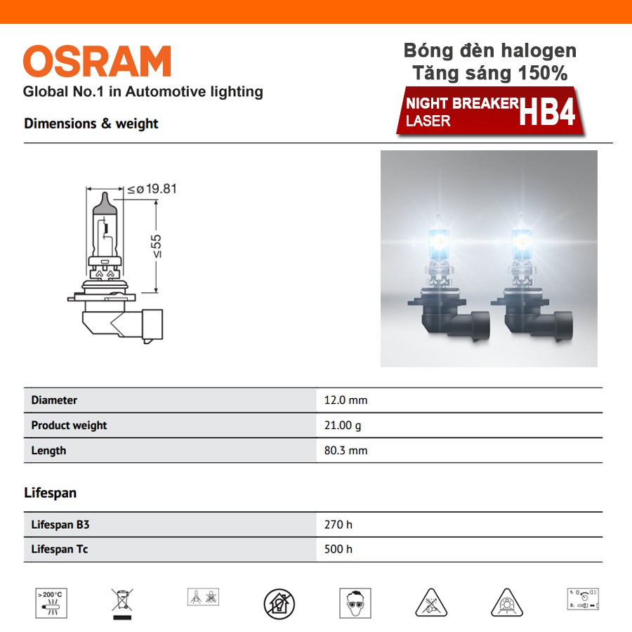 Combo 2 Bóng Đèn Halogen Tăng Sáng 150% OSRAM Night Breaker Laser HB4 12V 51W - Nhập Khẩu Chính Hãng