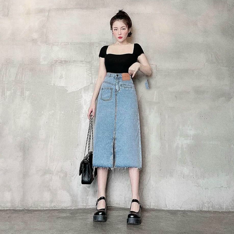 Chân Váy Jean Dài Xẻ Tà Phối TÚI LỆCH Chất Bò Màu Xanh Nhạt 527 | BigBuy360 - bigbuy360.vn