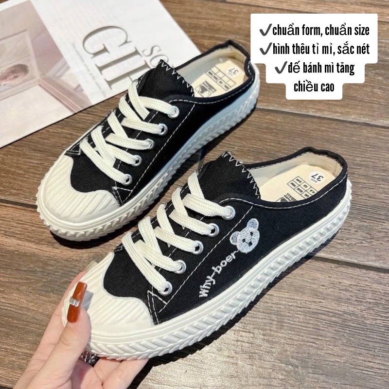Giày đạp gót thêu hình gấu xinh xắn, giày sục thể thao đế bánh mì G62