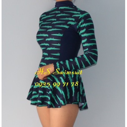 Đồ bơi nữ kín đáo một mảnh đầm tay dài cá sấu
