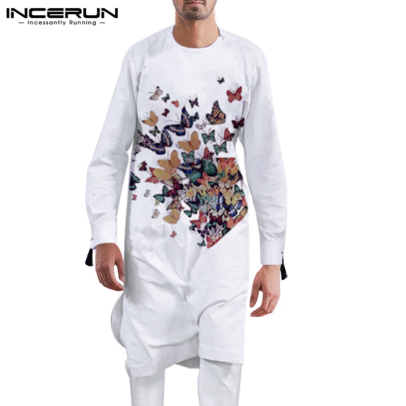 INCERUN Áo Choàng Dài Kaftan Hồi Giáo Tay Dài In Hình Bướm Cổ Điển Có Khóa Kéo Cho Nam