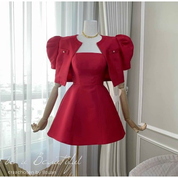 Set đầm 2 dây kèm áo khoát tay phồng mặc rời nếu thích