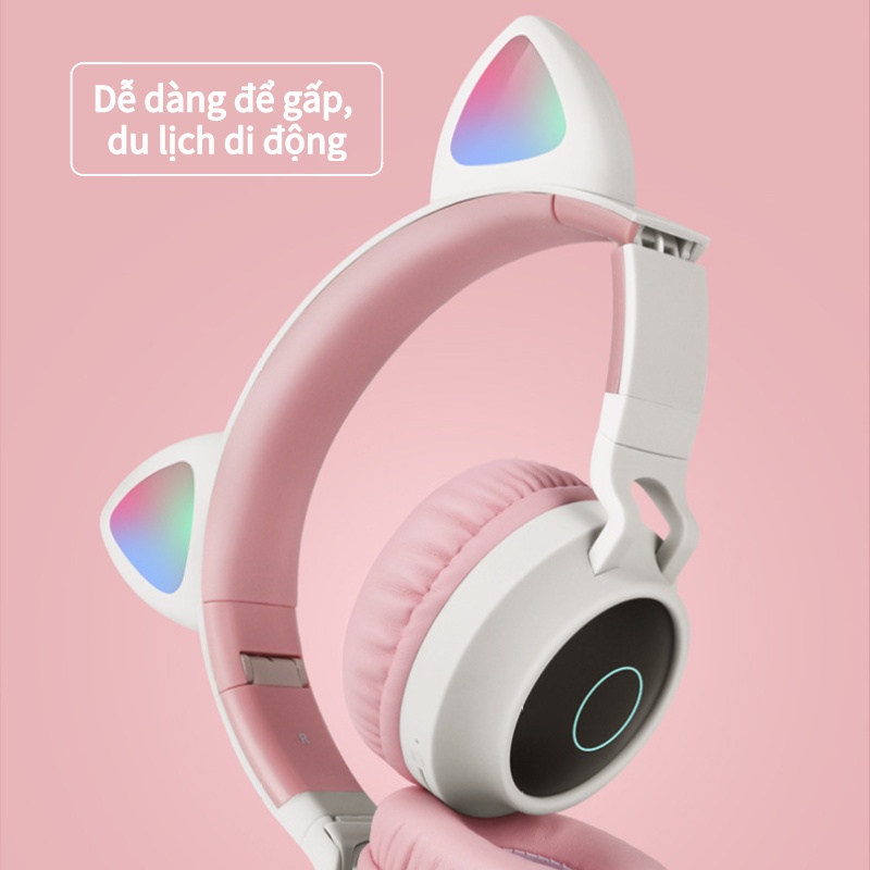 Tai nghe tai mèo bluetooth dễ thương đủ màu, có đèn led, có micro đàm thoại, pin dung lượng lớn