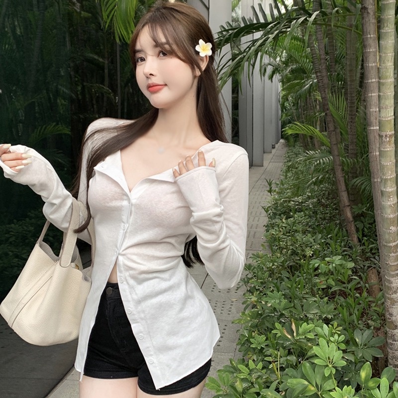 Áo Croptop Tay Dài Thoáng Khí Phong Cách Hàn Quốc Thời Trang Cho Nữ