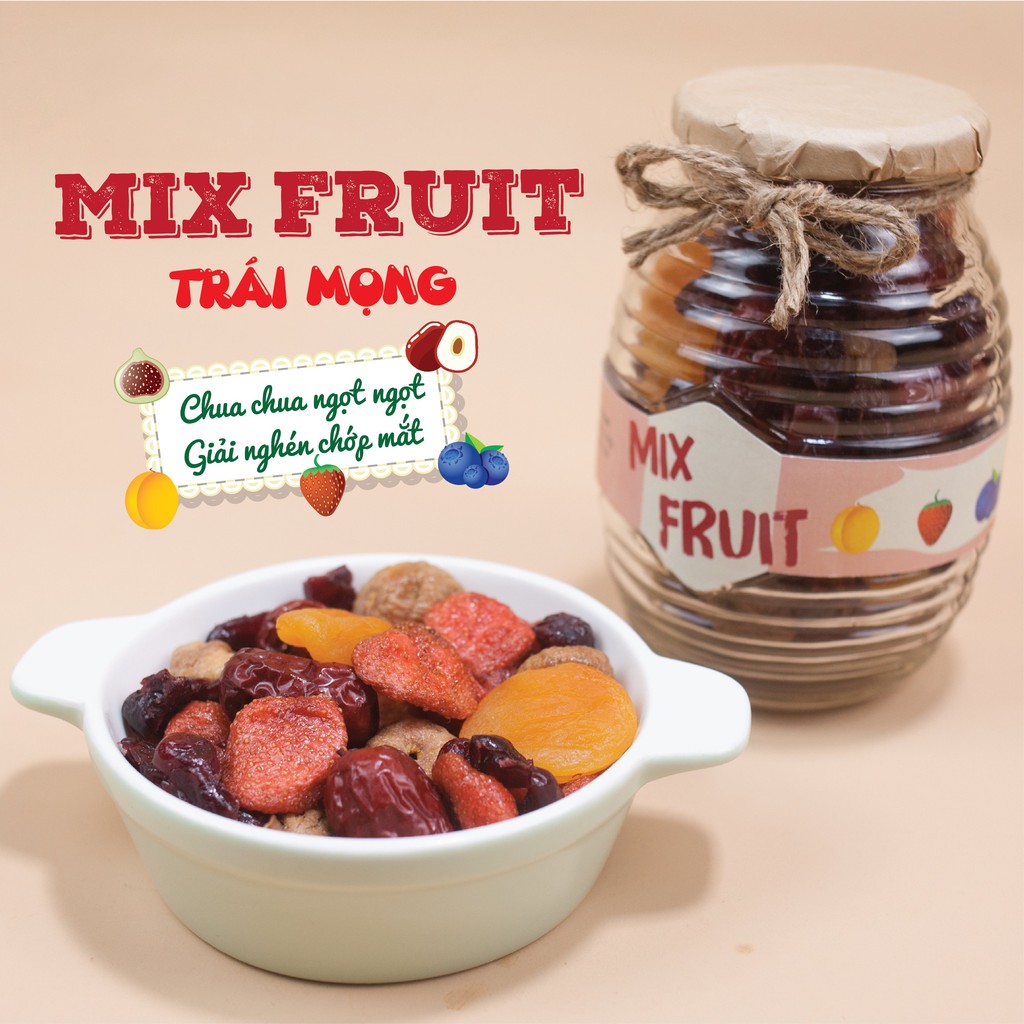 MIX FRUIT 5 quả mọng sấy lạnh (dâu tây + nho khô + việt quất + mơ sấy + chà là)