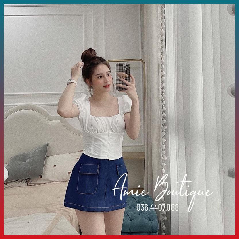 Sét Áo Nữ Thô Áo Kiểu Đẹp Phối Chân Váy Bò Có Lót Đùi Tôn Dáng Sang Chảnh