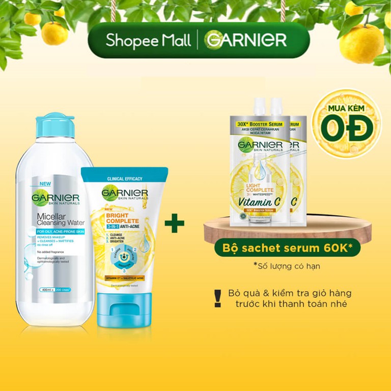 Bộ sản phẩm làm sạch, giảm mụn và sáng da dành cho da dầu mụn Garnier