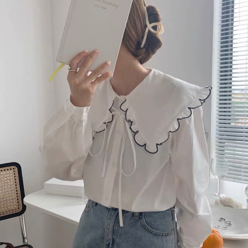 Áo Sơ Mi Trắng Nữ Cổ Bèo, Áo Somi Kiểu Hàn Quốc Bánh Bèo Chất Đẹp Tay Dài - Kèm Ảnh + Video Thật