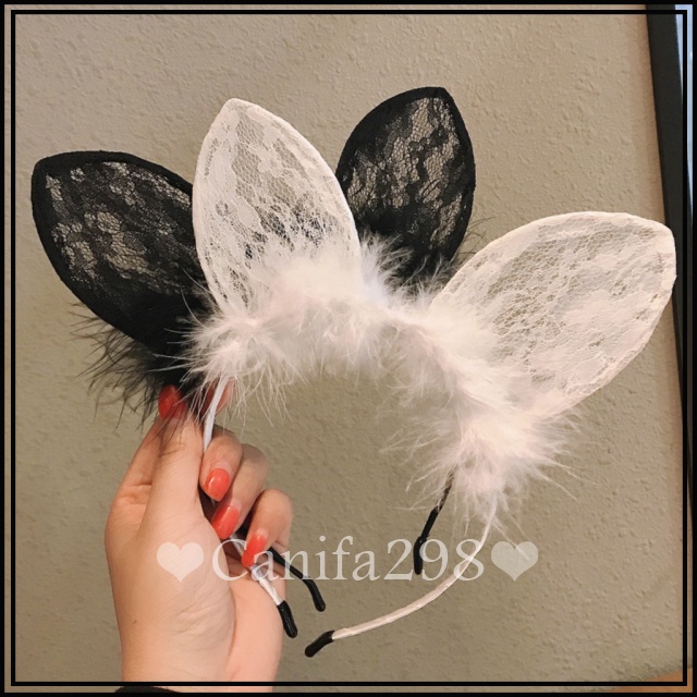 Bờm - Cài tóc tai thỏ lông pha ren 335