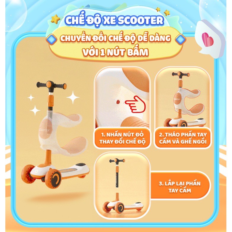 Xe scooter 3 in 1 S808 cho bé sử dụng từ 1,5 tuổi 3 bánh to phát sáng vĩnh cửu gấp gọn chịu lực 150kg