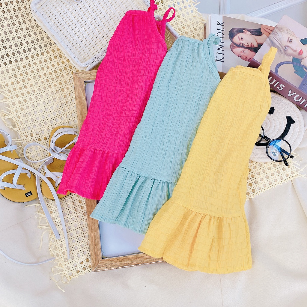 Váy 2 Dây Đón Hè Cho Bé Gái Chất Liệu Vải Đũi Nhăn Co Giãn Đủ Size Từ 8-20Kg VNXK Nhật-Hàn