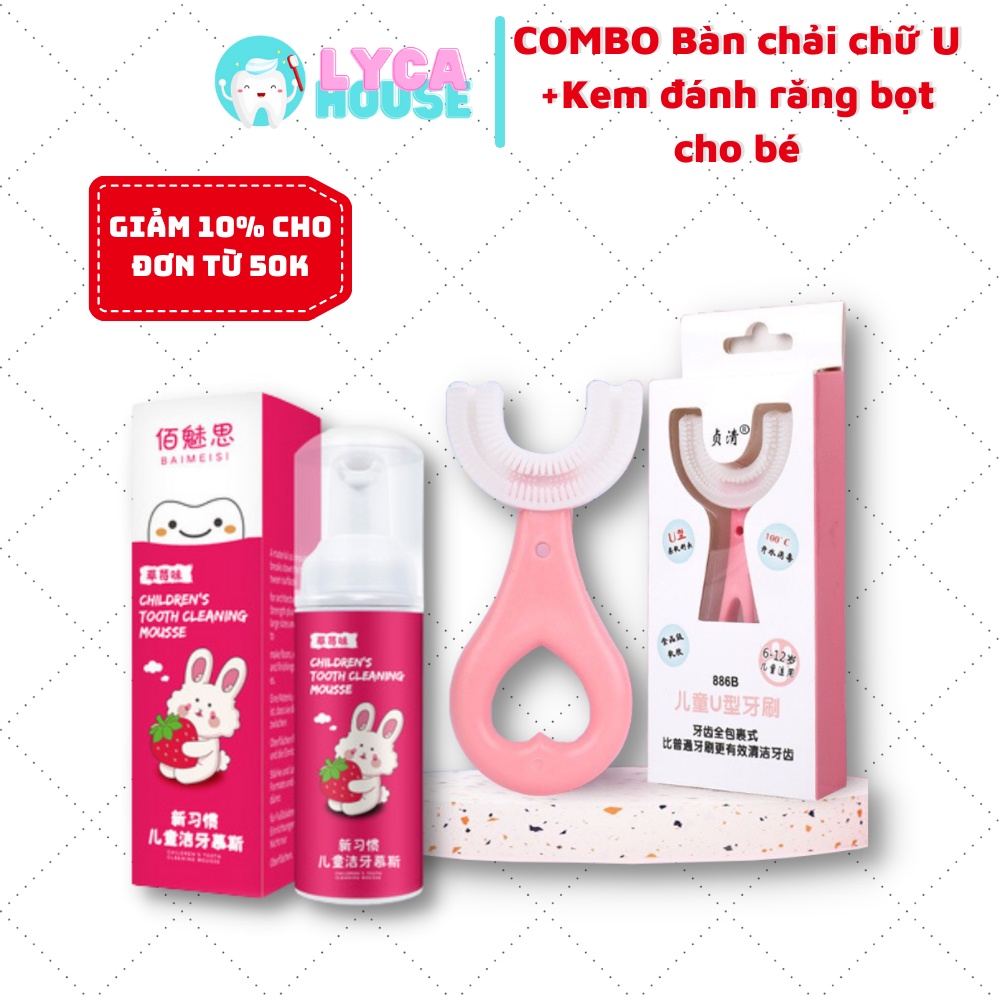 Combo Bàn chải đánh răng chữ U cho bé thông minh chất liệu silicon - kem đánh răng dạng bọt nuốt được - trẻ em từ 2 -6