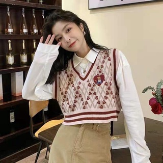 Áo len gile dáng ngắn viền đỏ hoạ tiết cute