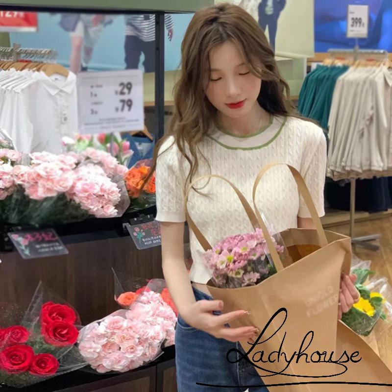 Áo Croptop Dệt Kim Tay Ngắn Cổ Tròn Thời Trang Mùa Hè Cho Nữ