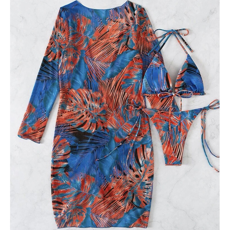 Bộ Đồ Bơi Ba Mảnh Phối Lưới Dây Rút Chống Nắng In Họa Tiết Phong Cách Âu Mỹ Mới Cho Nữ