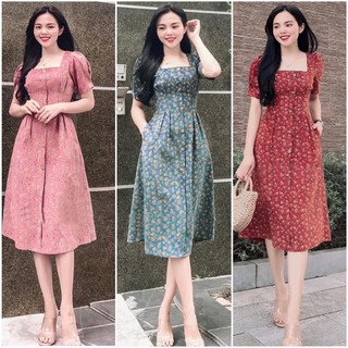Đầm hoa nhí / Váy cổ vuông chiết eo 3 màu xanh/đỏ/hồng xd