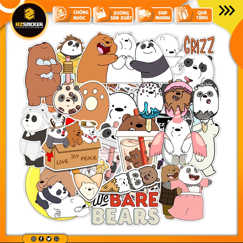 Sticker Gấu We Bare Bear Dán Mũ Bảo Hiểm Hình Dán 3 Chú Gấu Cắt Sẵn Từng