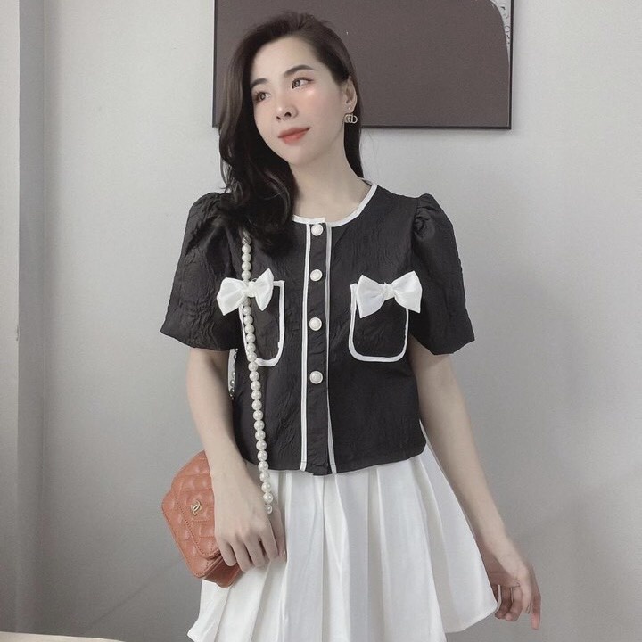 Áo Sơ Mi Nơ Túi Chất Gấm Xốp Ulzzang 2 Màu Đen Trắng