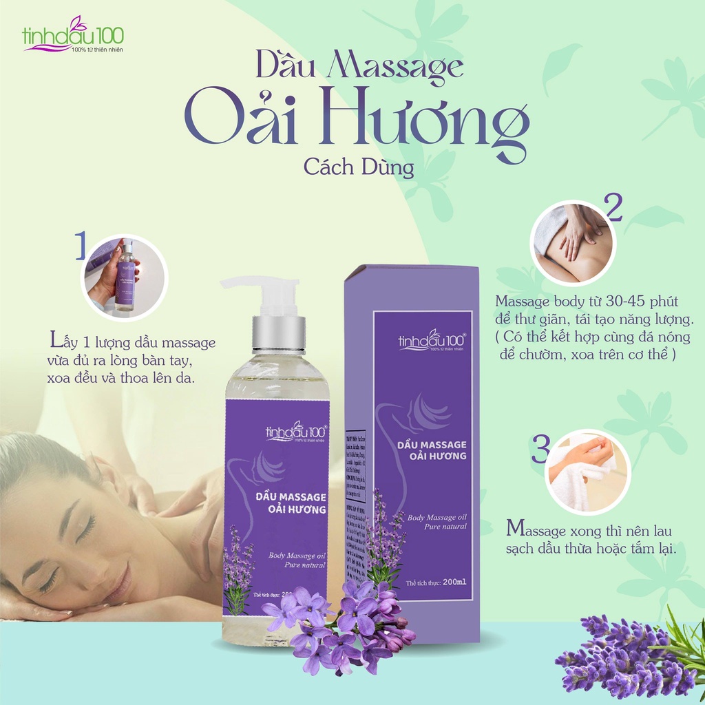 Tinh dầu massage body oải hương Tinh Dầu 100 matxa cơ thể hương lavender chai 200ml