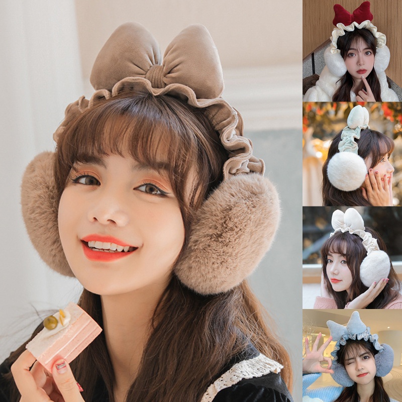 Chụp Tai Nhồi Bông Hình Nơ Viền Bèo Thời Trang Mùa Đông Cho Bé Gái