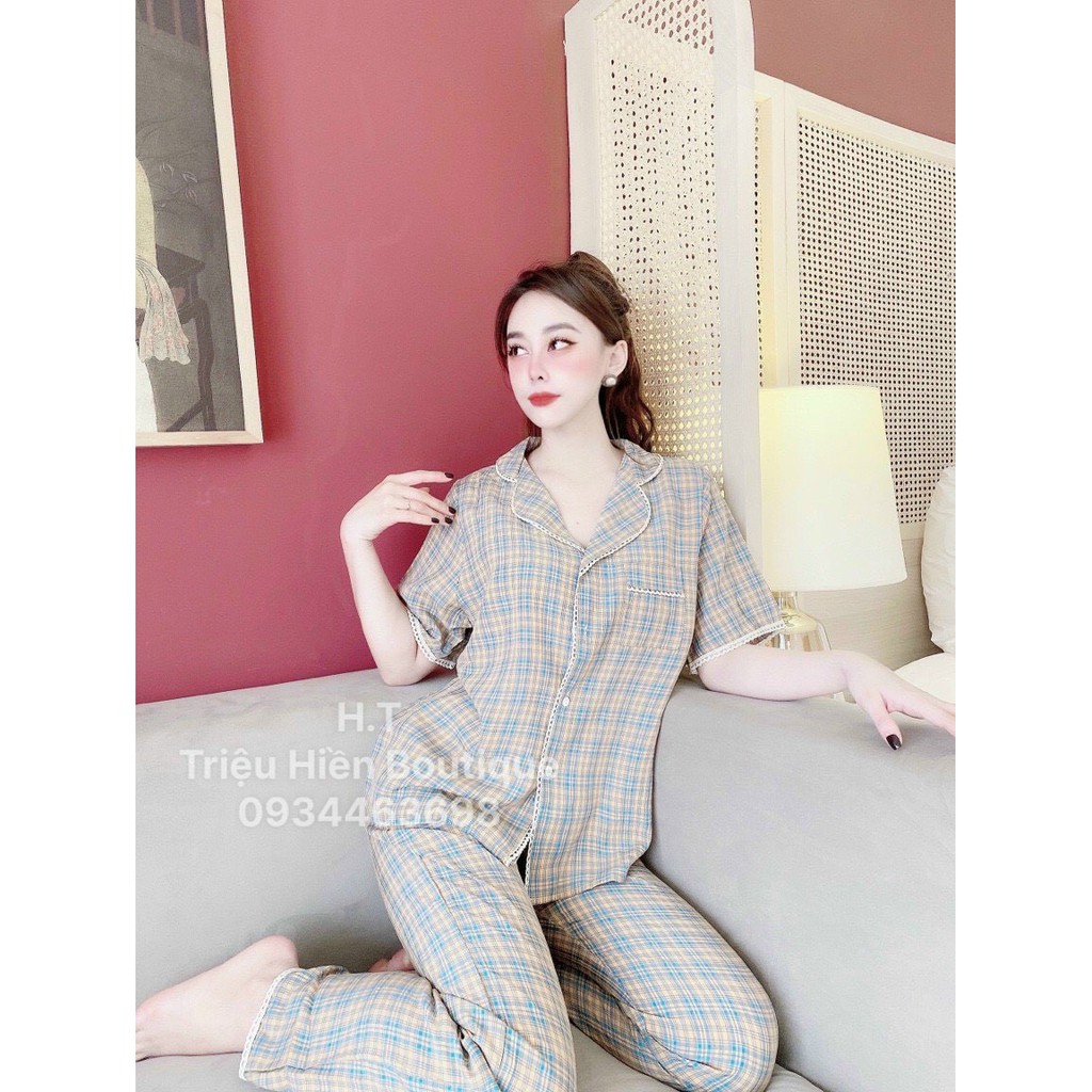 ( Xả Hàng Bán Lỗ ) Bộ Đồ pijama- Chất Đũi Xước Họa Tiết Kẻ ka rô Viền Ren Hàng Cao Cấp [ ảnh thật sp]